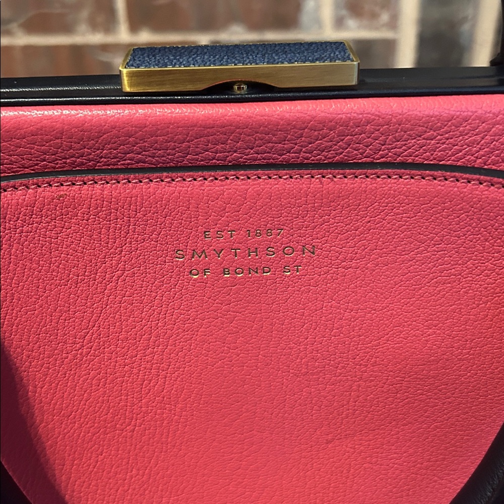 Smythson of Bond Street Pink & Navy Leather Metal Clasp Satchel. - Picture 2 of 14